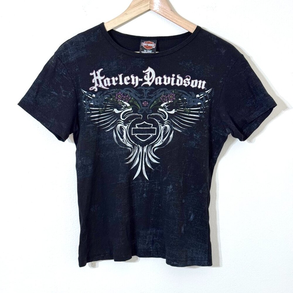 Vtg Y2K Harley Davidson Baby Tee Sz L Grunge Floral Angel Wings Glitter Orlando